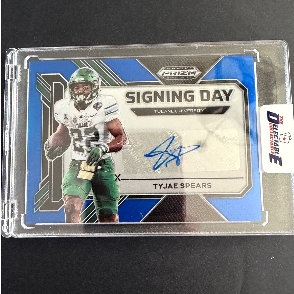 Tyjae Spears 2023 Panini Prizm Draft Picks Signing Day Blue Auto /75 Tulane